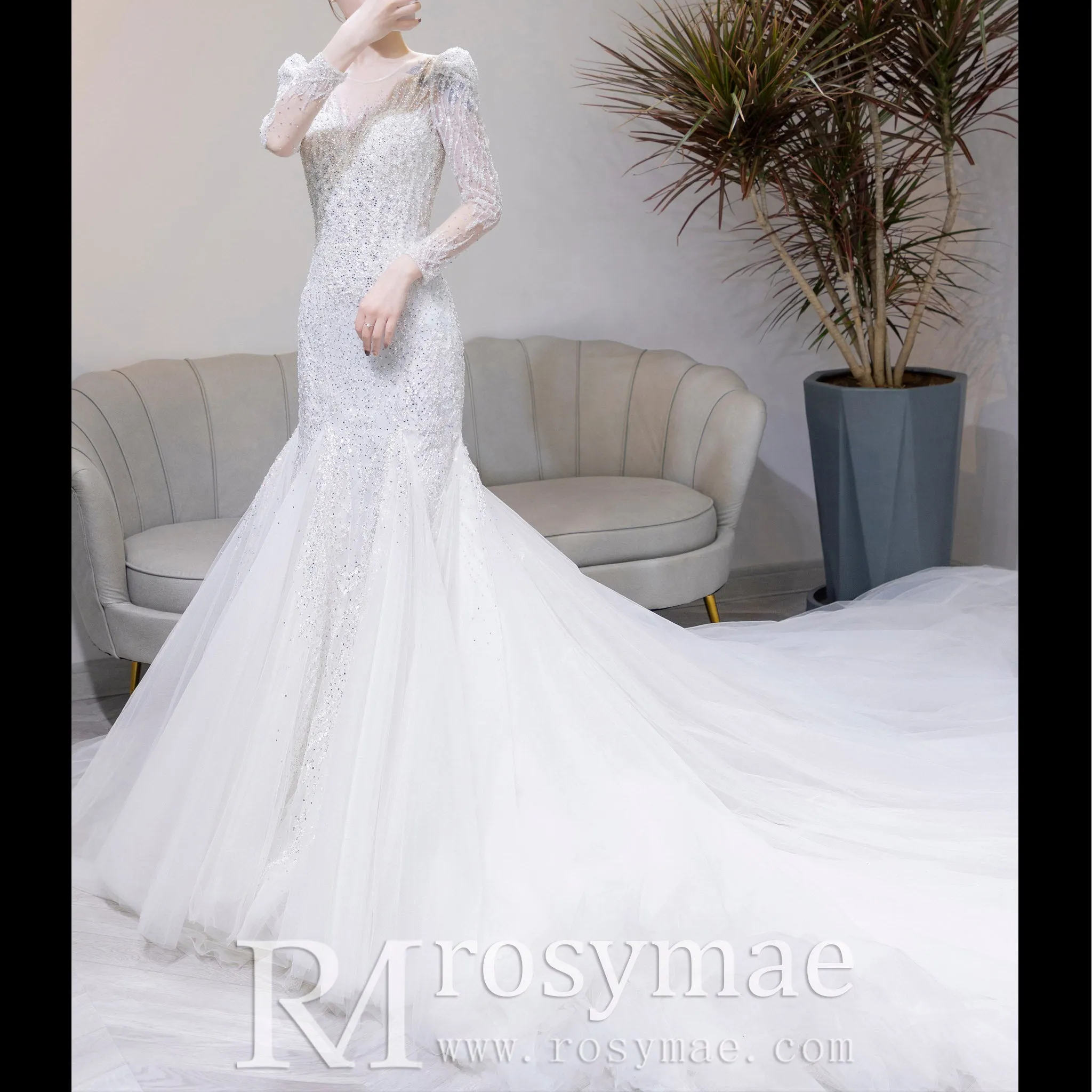 Puffy Long Sleeve Sparkly Crystal Wedding Dress Fit and Flare Skirt