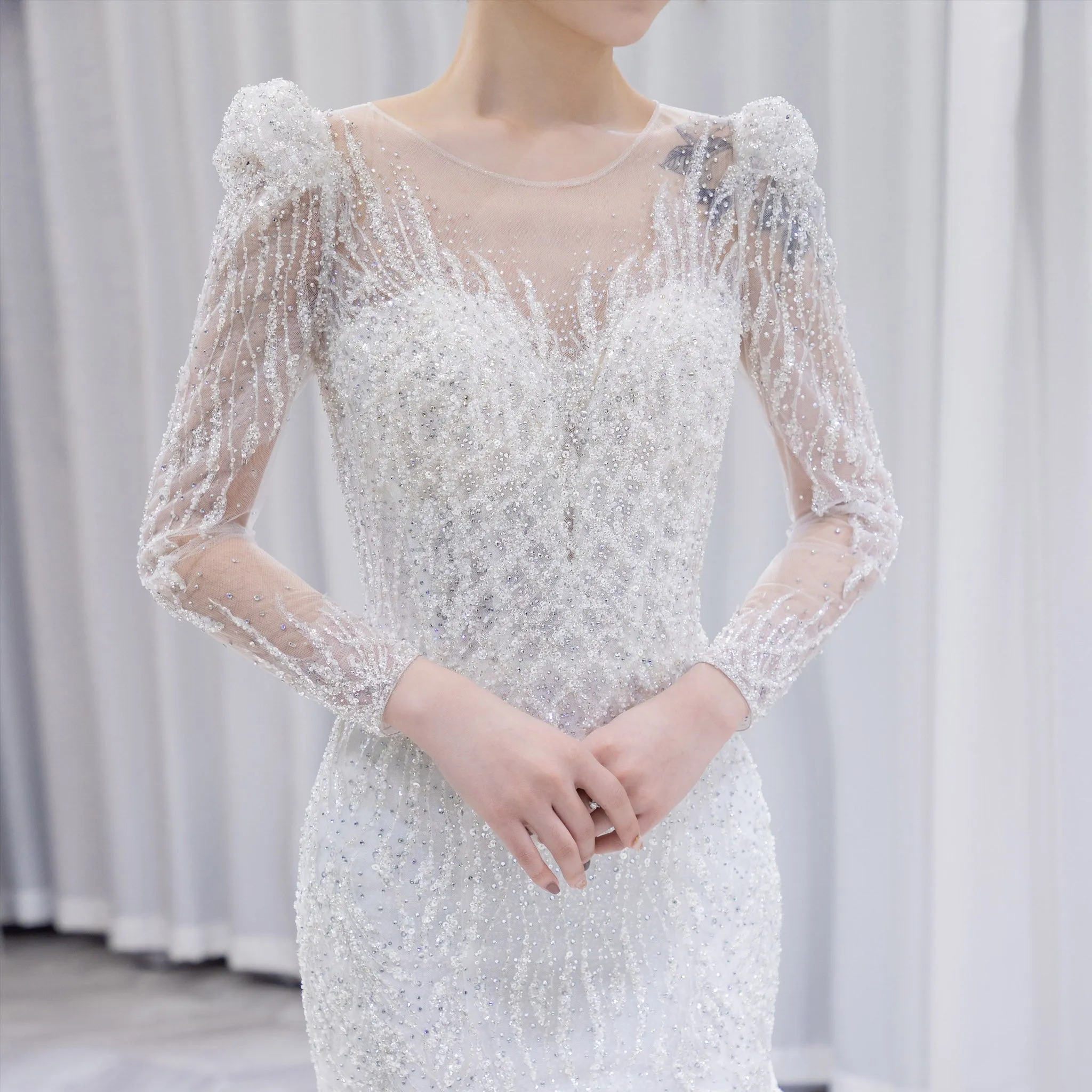 Puffy Long Sleeve Sparkly Crystal Wedding Dress Fit and Flare Skirt