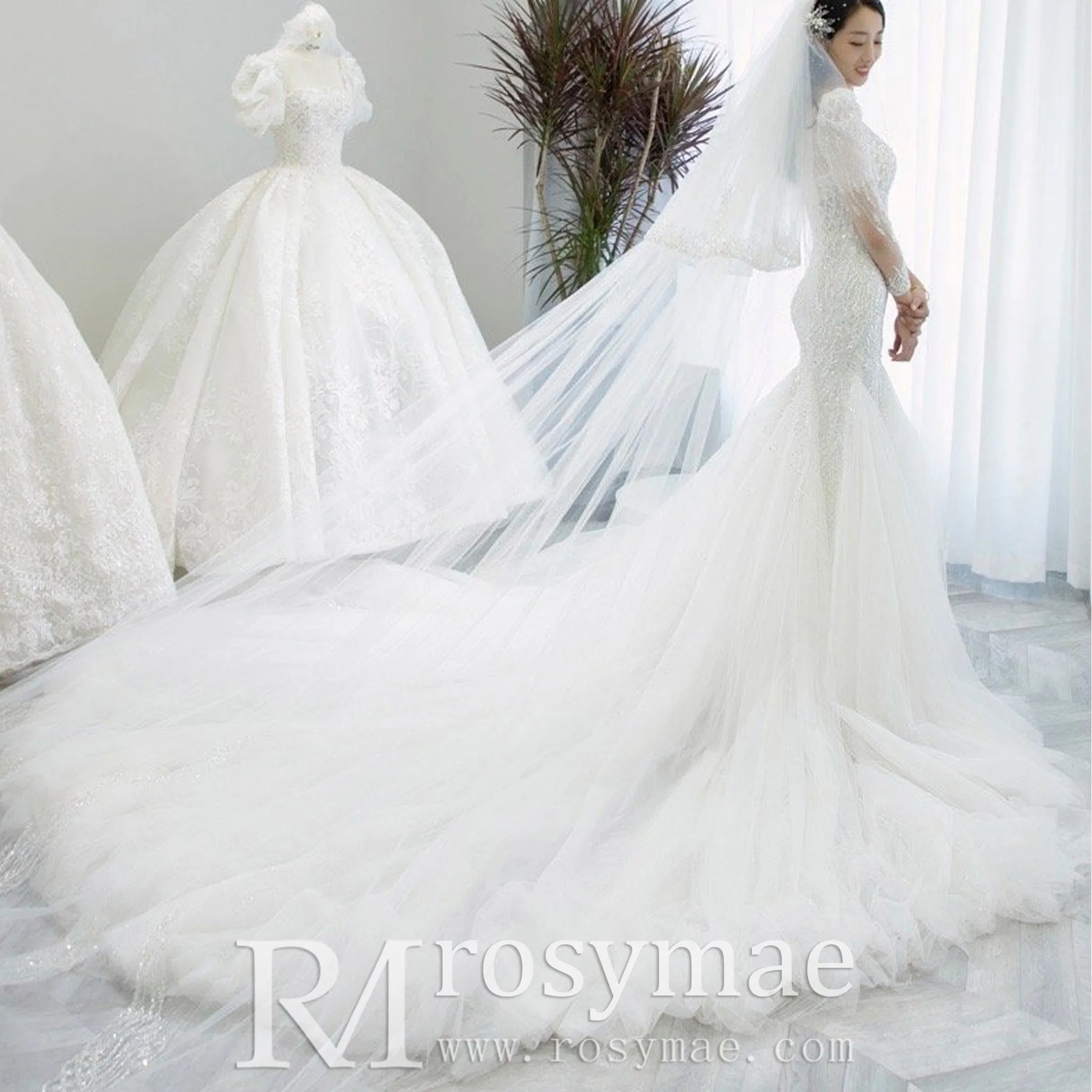 Puffy Long Sleeve Sparkly Crystal Wedding Dress Fit and Flare Skirt
