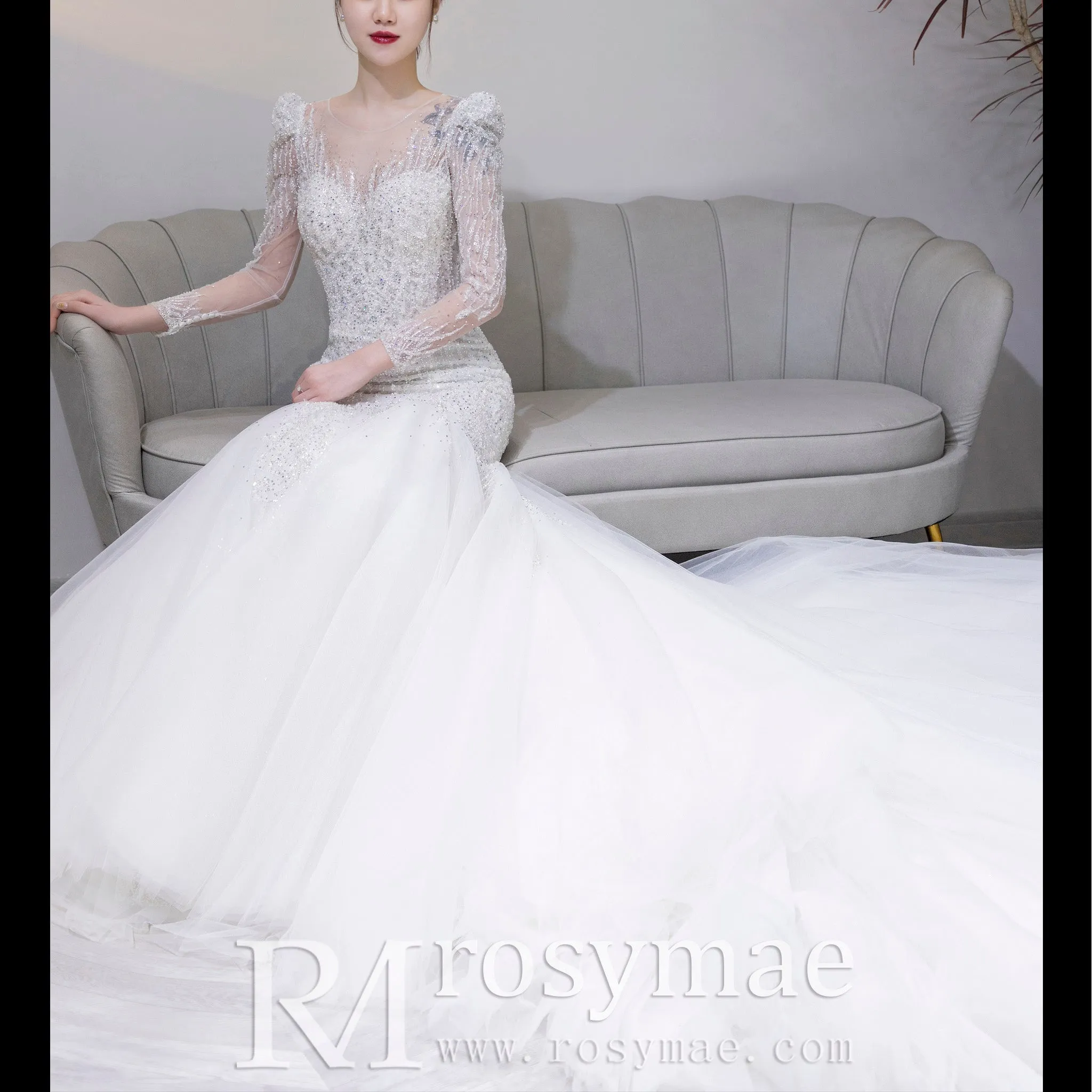 Puffy Long Sleeve Sparkly Crystal Wedding Dress Fit and Flare Skirt