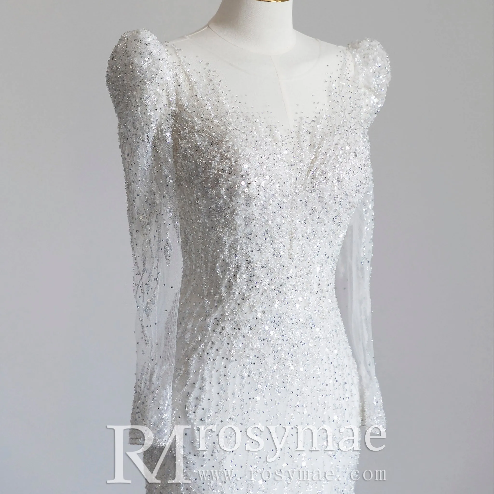 Puffy Long Sleeve Sparkly Crystal Wedding Dress Fit and Flare Skirt