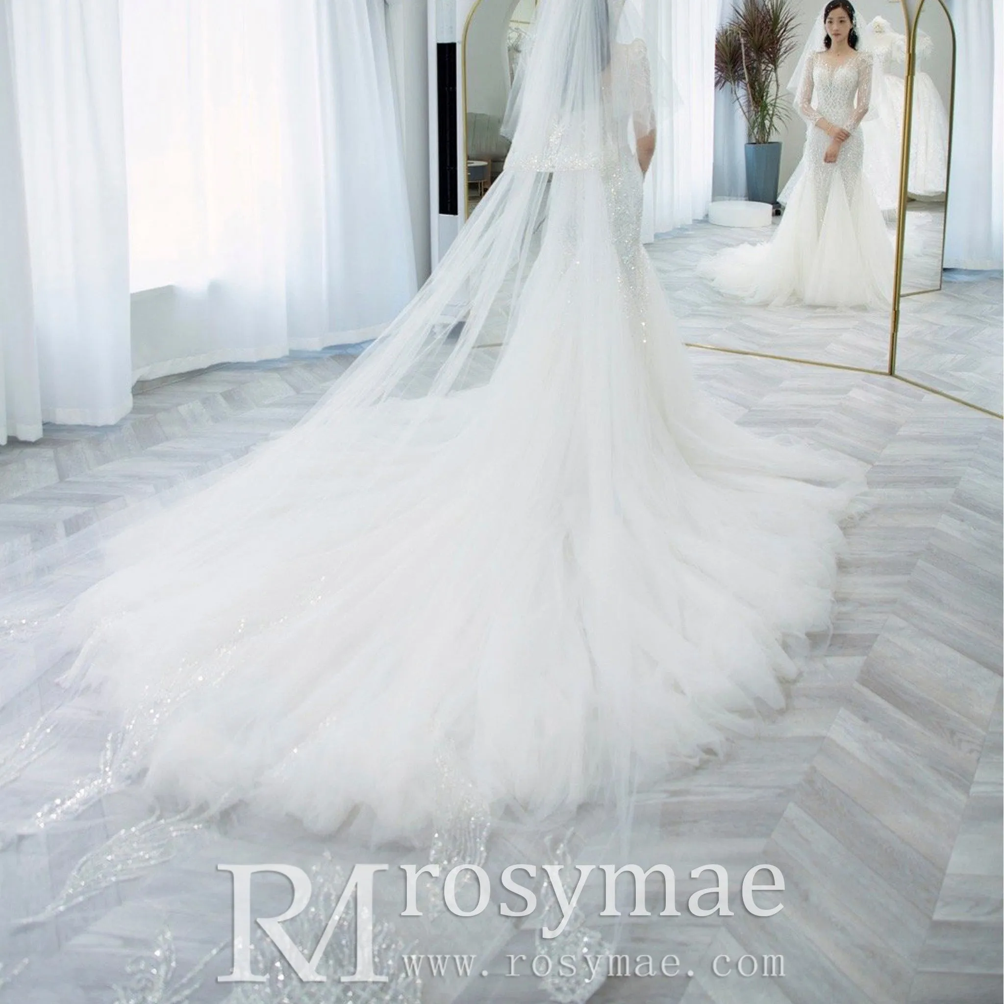 Puffy Long Sleeve Sparkly Crystal Wedding Dress Fit and Flare Skirt