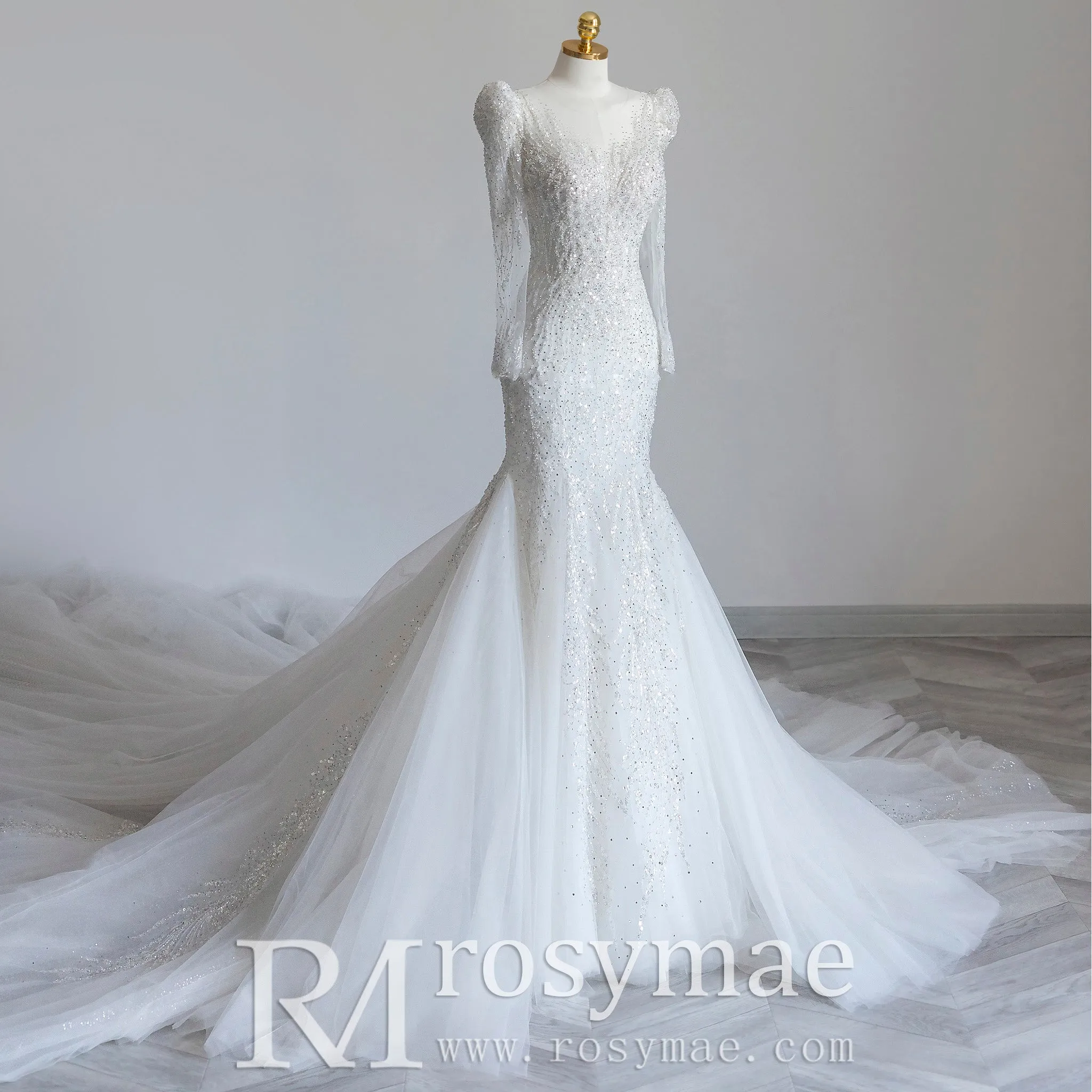 Puffy Long Sleeve Sparkly Crystal Wedding Dress Fit and Flare Skirt
