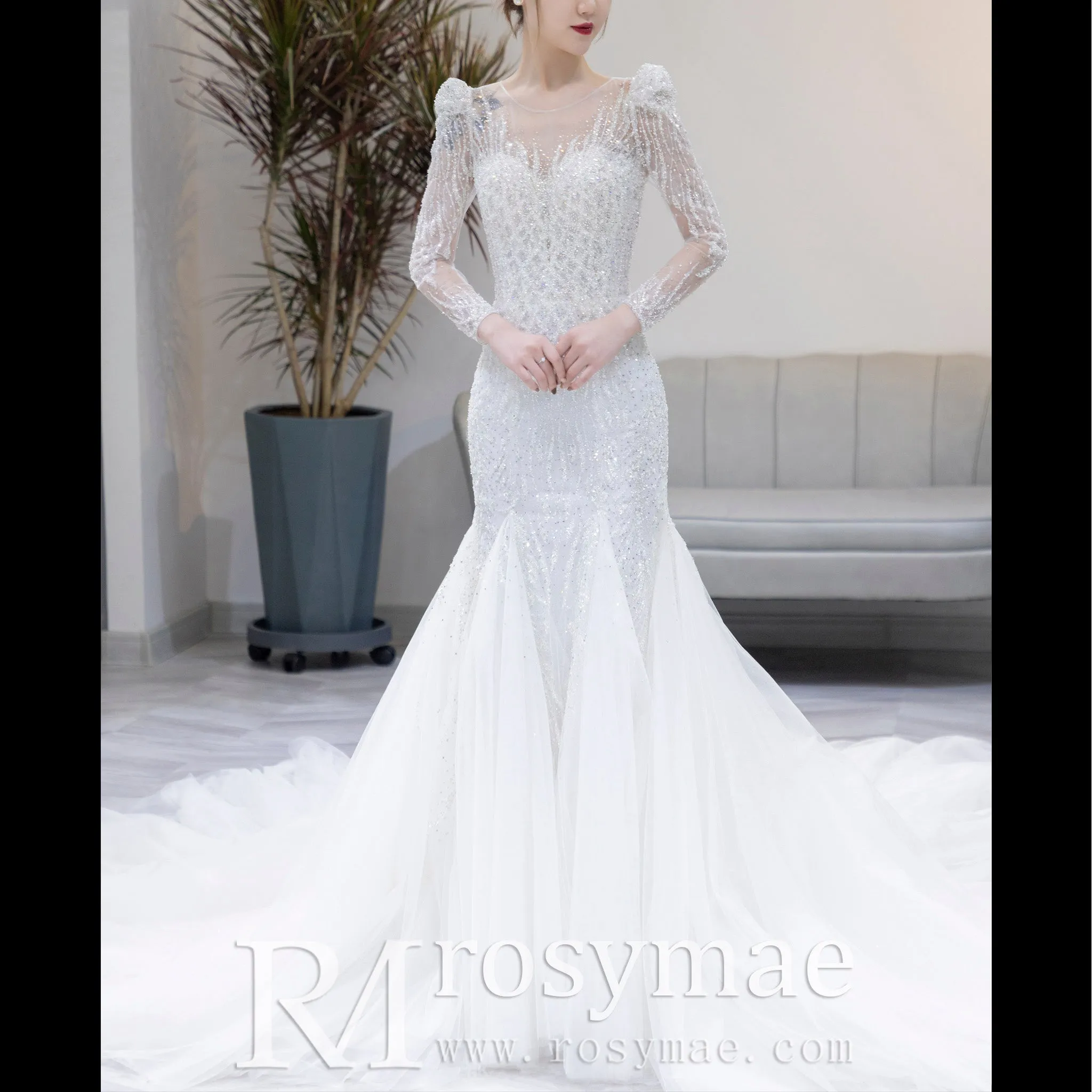 Puffy Long Sleeve Sparkly Crystal Wedding Dress Fit and Flare Skirt