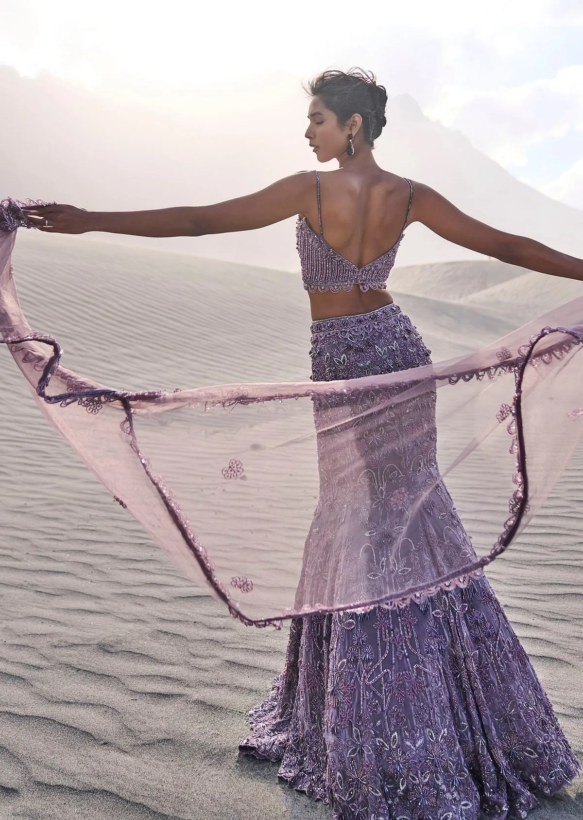 Purple Embroidered Fancy Organza Fishcut Lehenga With Blouse And Dupatta