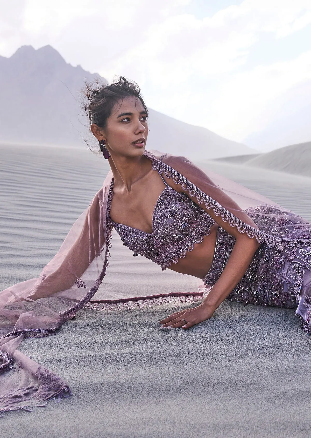 Purple Embroidered Fancy Organza Fishcut Lehenga With Blouse And Dupatta
