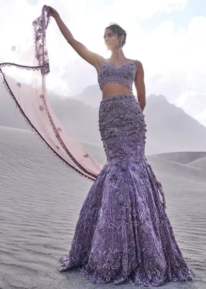 Purple Embroidered Fancy Organza Fishcut Lehenga With Blouse And Dupatta