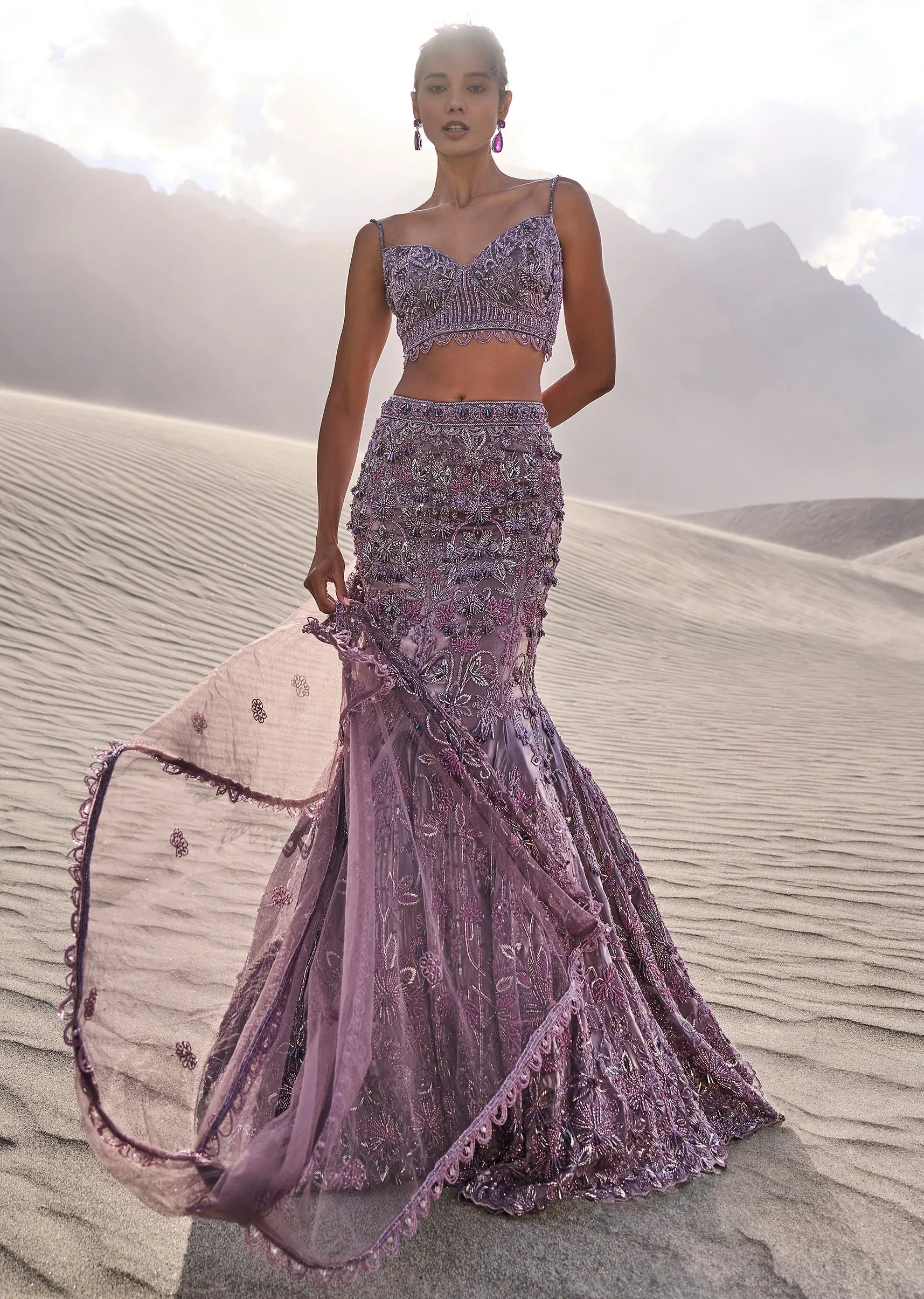 Purple Embroidered Fancy Organza Fishcut Lehenga With Blouse And Dupatta