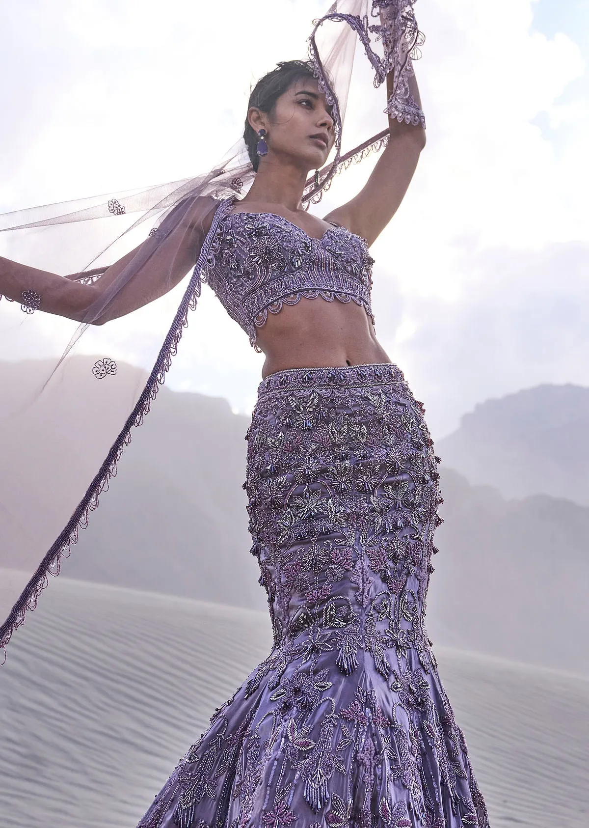 Purple Embroidered Fancy Organza Fishcut Lehenga With Blouse And Dupatta