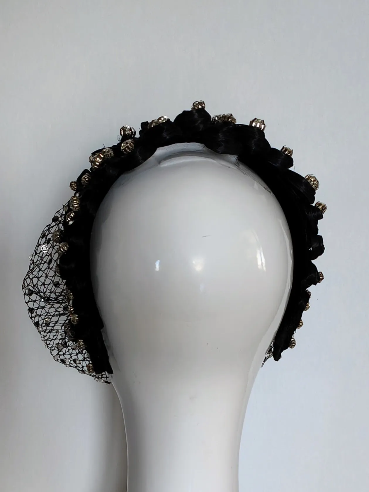 "Arcadia" Black Silk Abaca Woven Headband With Swarovski Crystal Encrusted Veiling