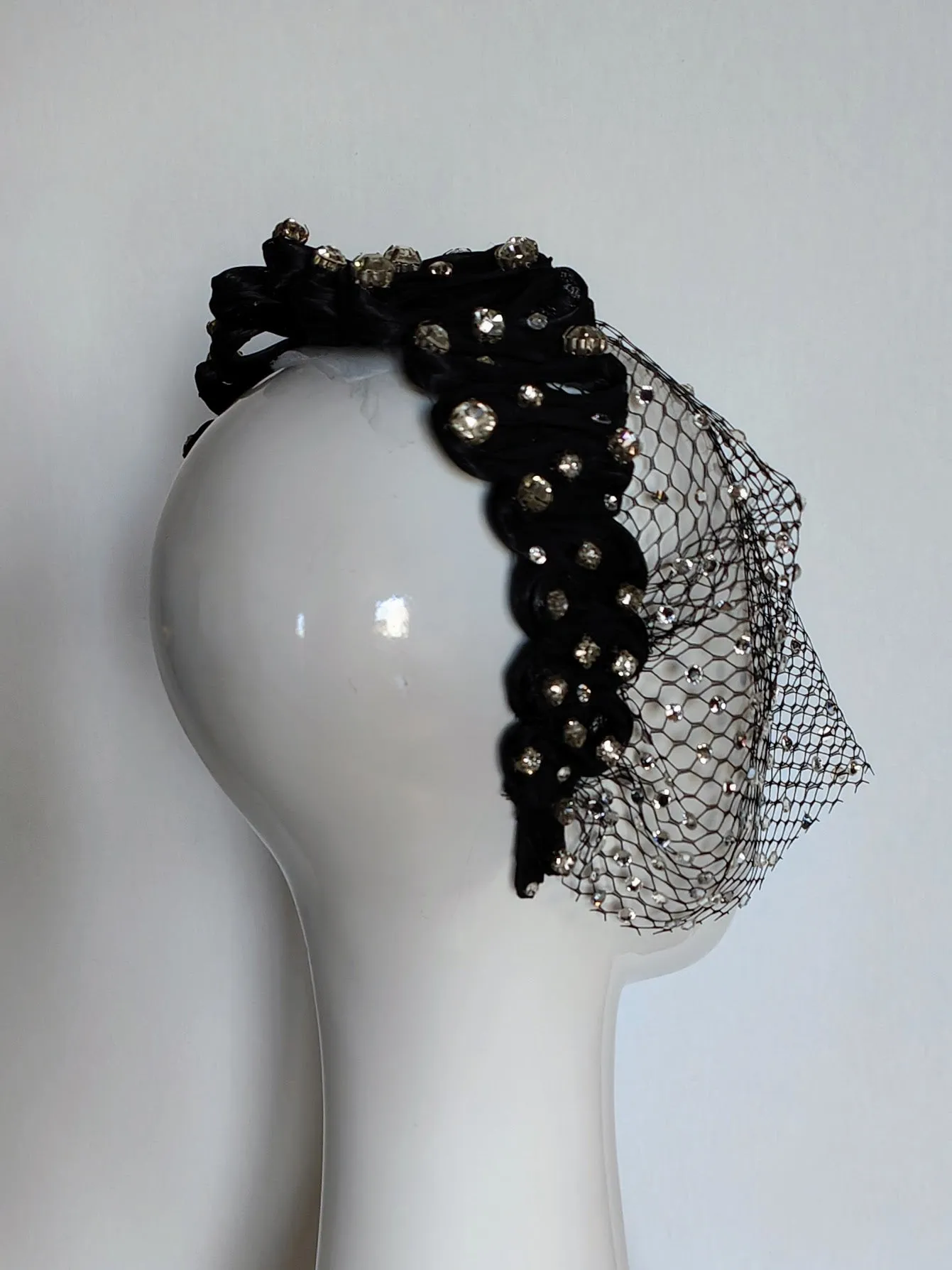 "Arcadia" Black Silk Abaca Woven Headband With Swarovski Crystal Encrusted Veiling