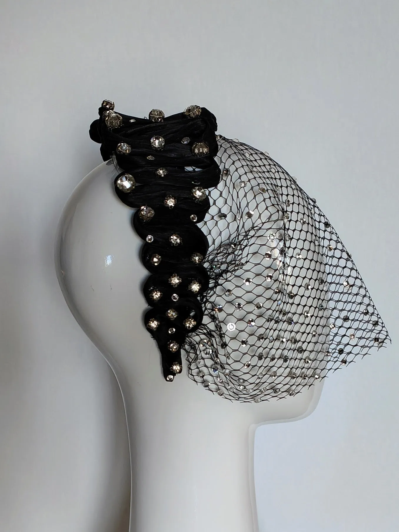 "Arcadia" Black Silk Abaca Woven Headband With Swarovski Crystal Encrusted Veiling