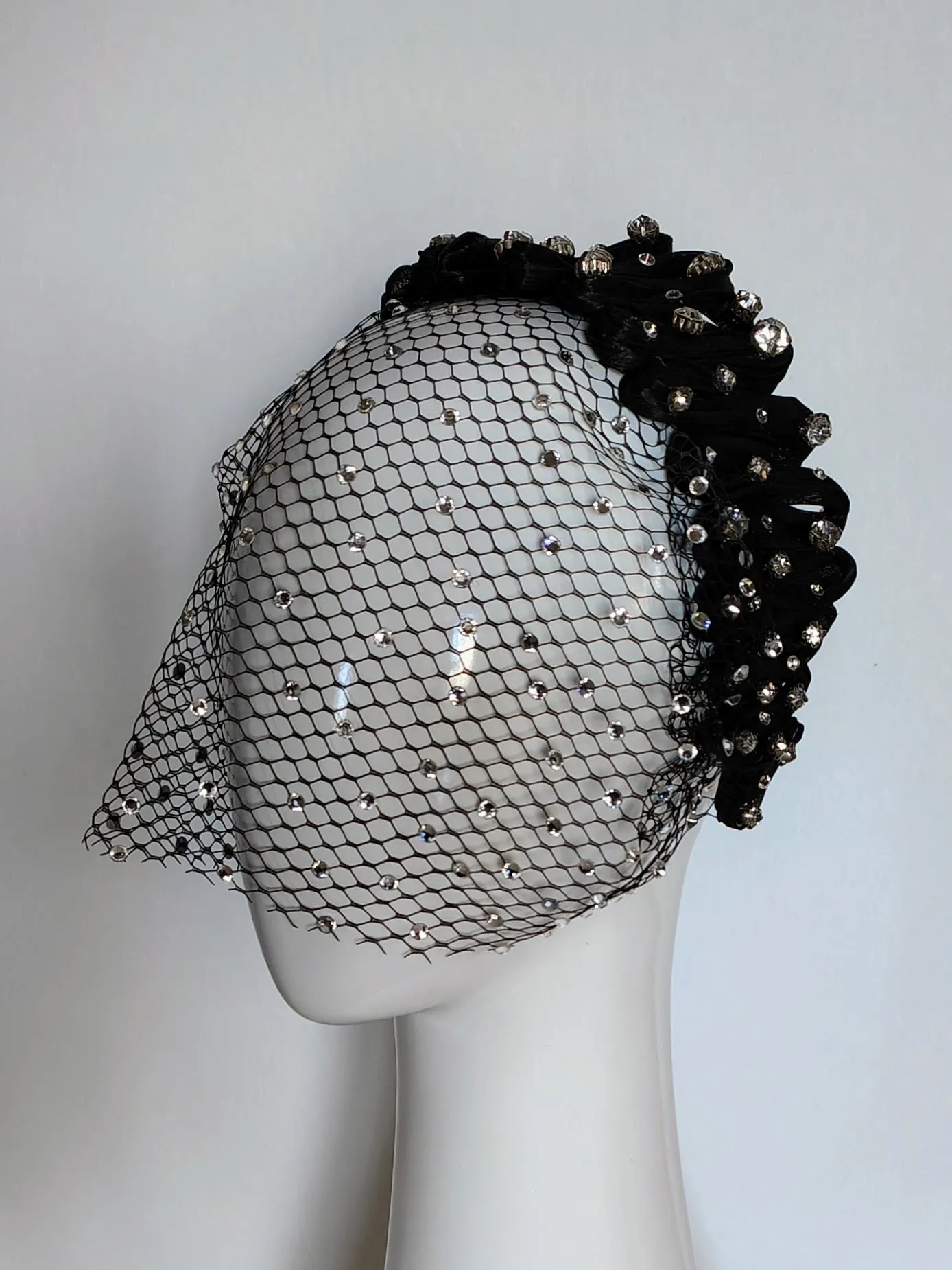 "Arcadia" Black Silk Abaca Woven Headband With Swarovski Crystal Encrusted Veiling
