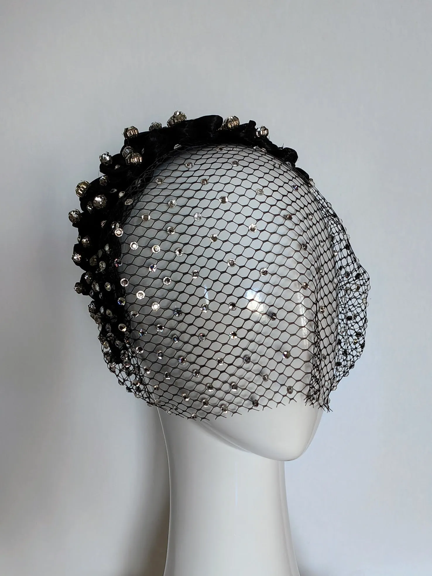 "Arcadia" Black Silk Abaca Woven Headband With Swarovski Crystal Encrusted Veiling