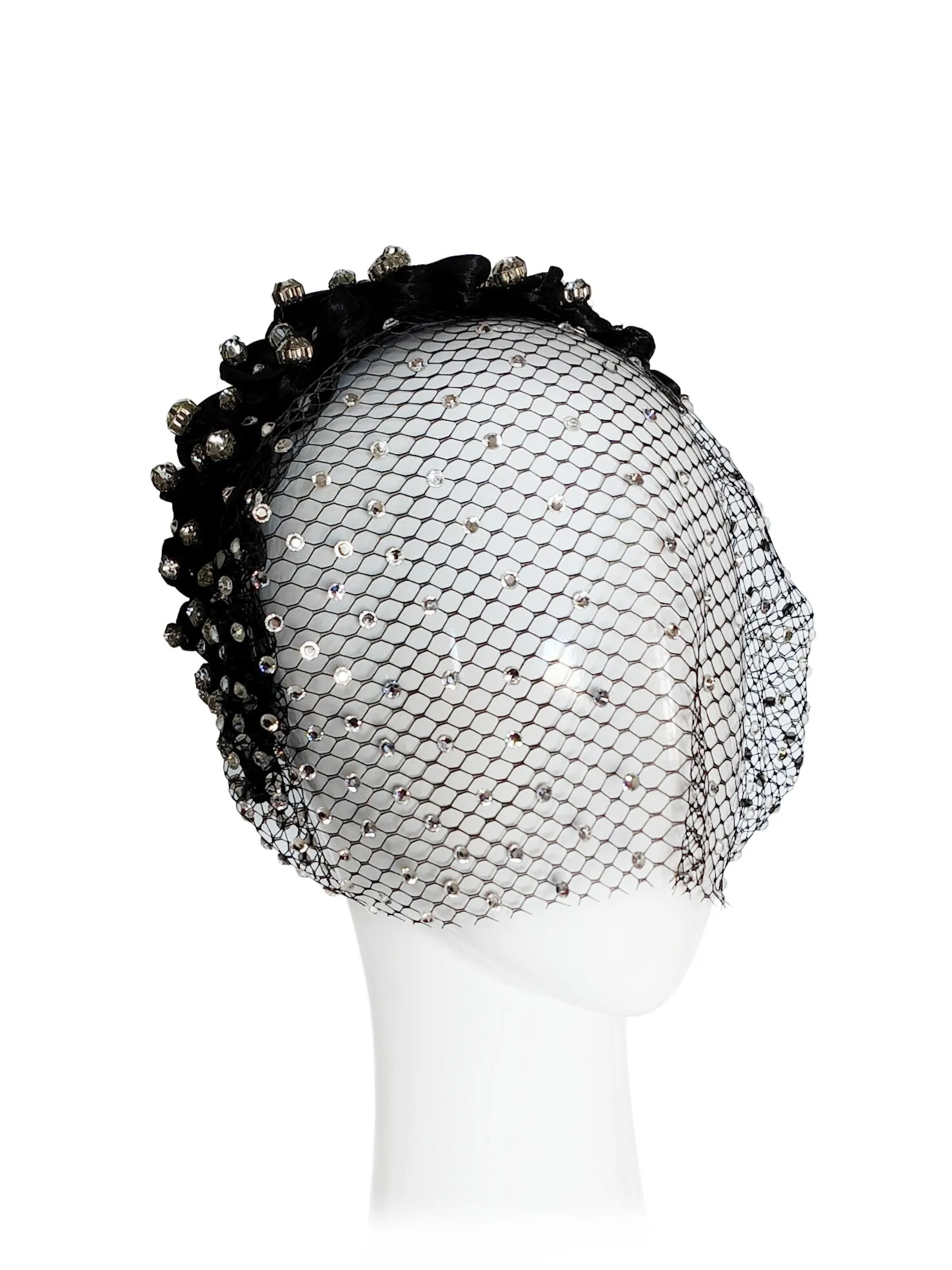 "Arcadia" Black Silk Abaca Woven Headband With Swarovski Crystal Encrusted Veiling