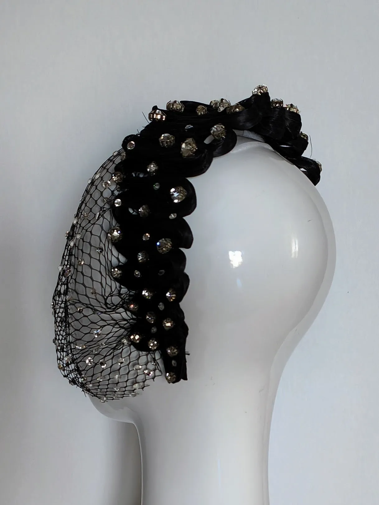 "Arcadia" Black Silk Abaca Woven Headband With Swarovski Crystal Encrusted Veiling
