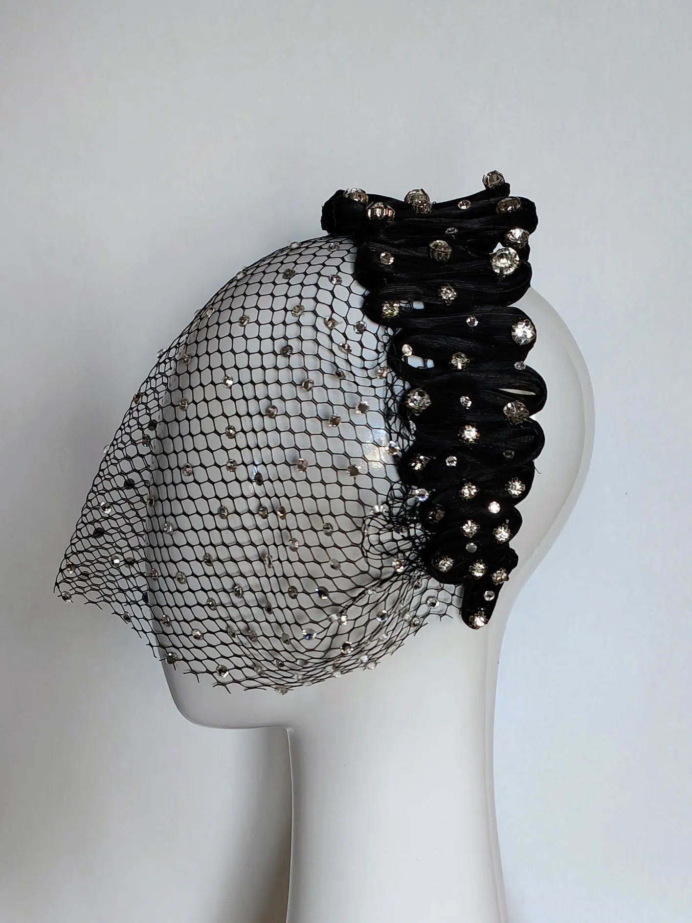 "Arcadia" Black Silk Abaca Woven Headband With Swarovski Crystal Encrusted Veiling