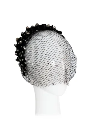 "Arcadia" Black Silk Abaca Woven Headband With Swarovski Crystal Encrusted Veiling