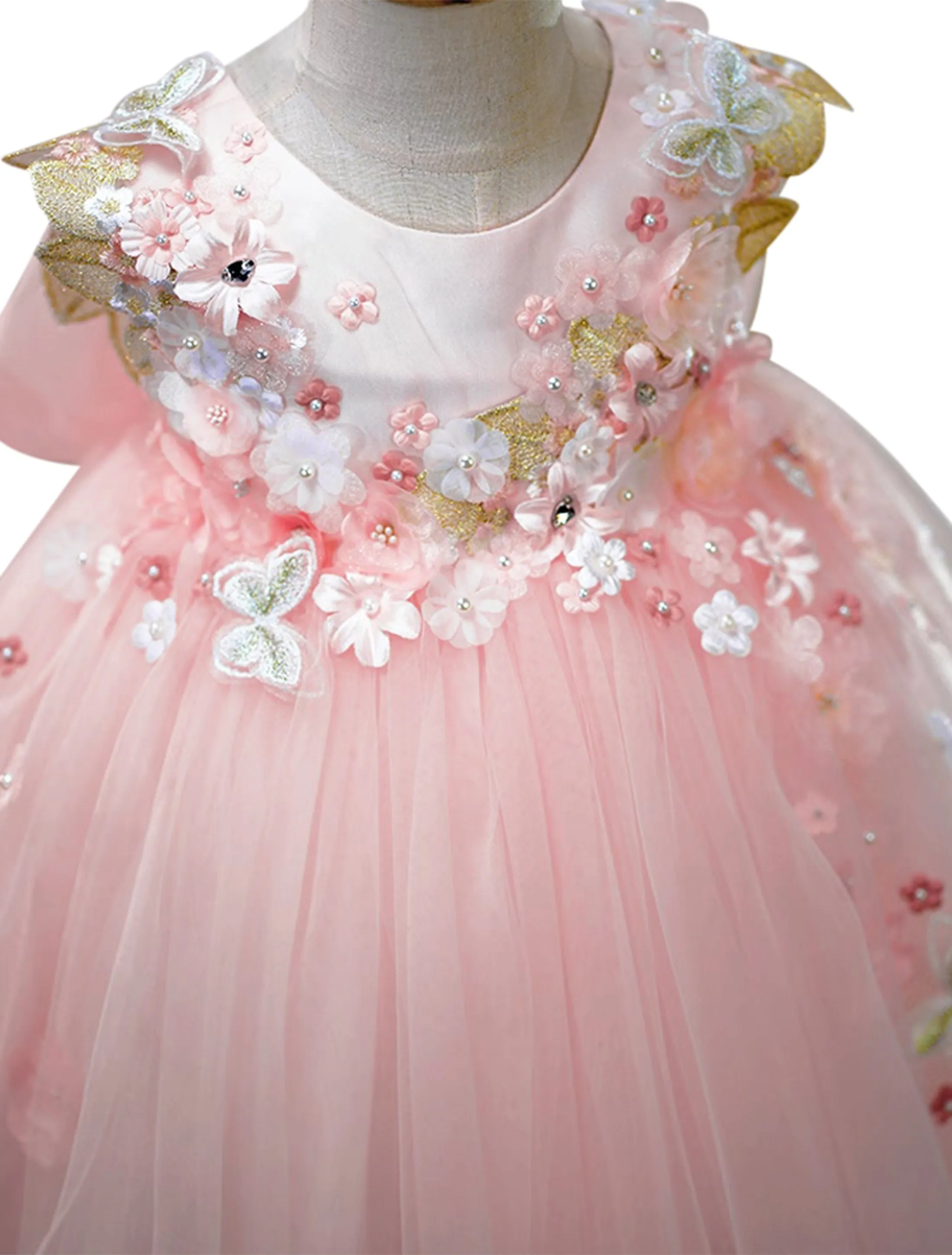 "Beatrice" 3D Flower Golden Lace Girls Birthday/Party Tulle Dress - Pink