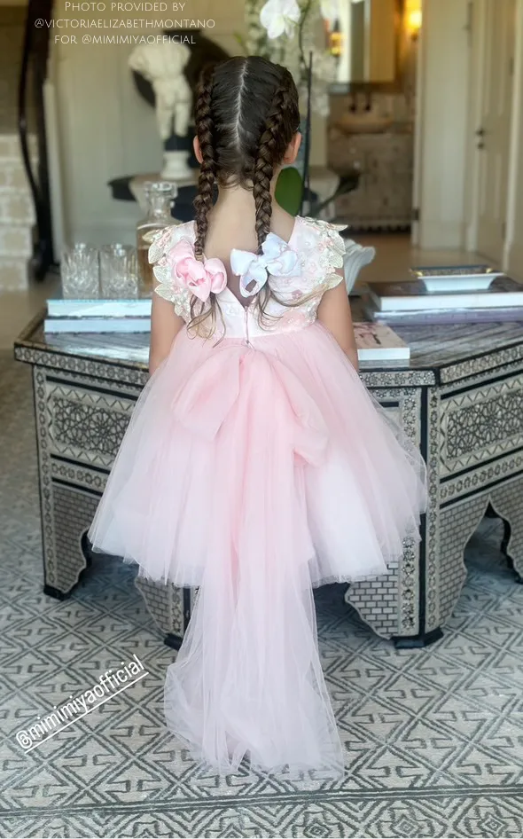 "Beatrice" 3D Flower Golden Lace Girls Birthday/Party Tulle Dress - Pink