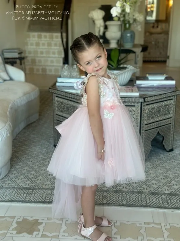 "Beatrice" 3D Flower Golden Lace Girls Birthday/Party Tulle Dress - Pink