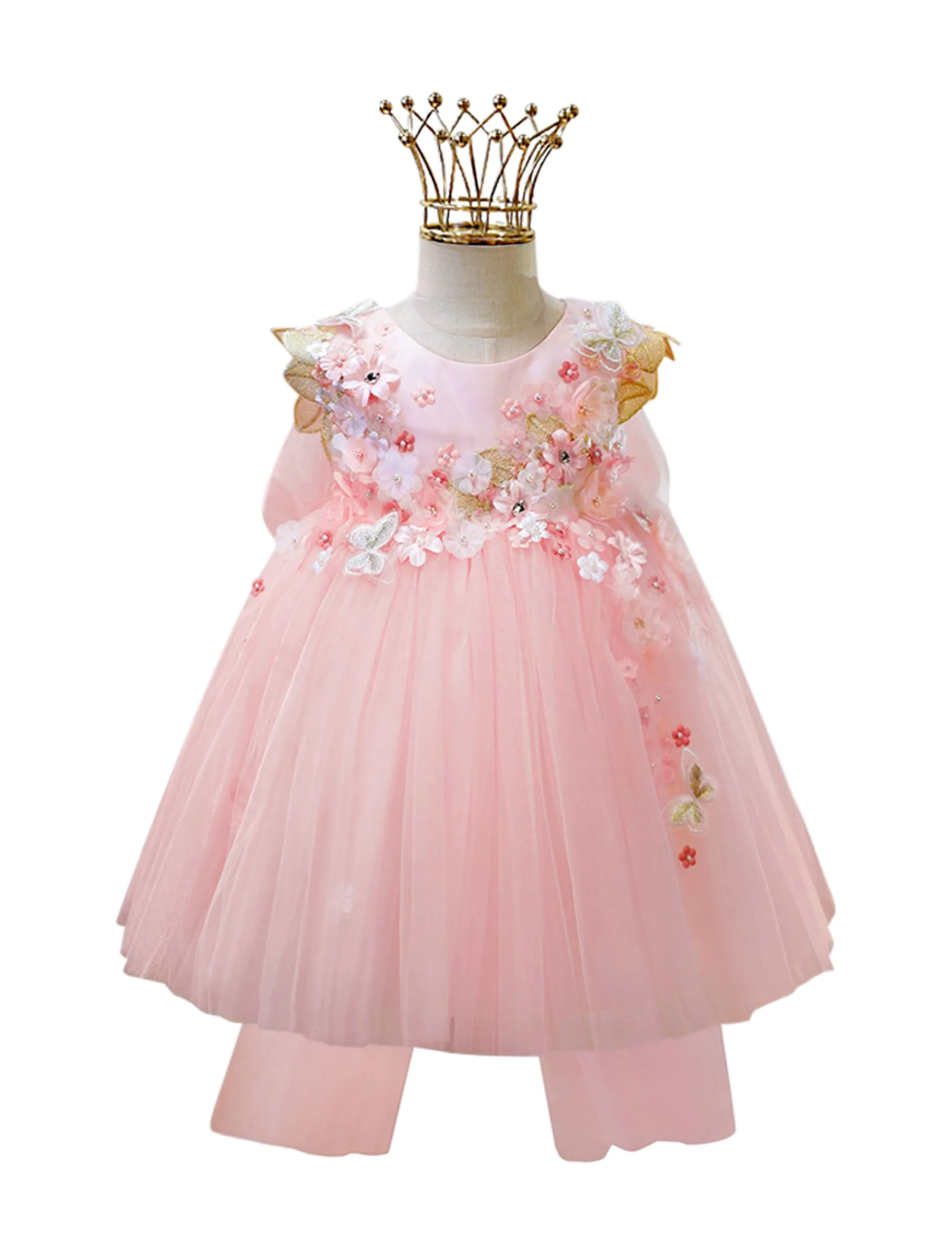 "Beatrice" 3D Flower Golden Lace Girls Birthday/Party Tulle Dress - Pink