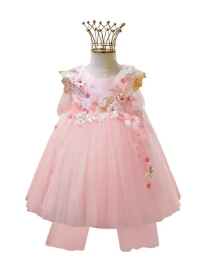 "Beatrice" 3D Flower Golden Lace Girls Birthday/Party Tulle Dress - Pink