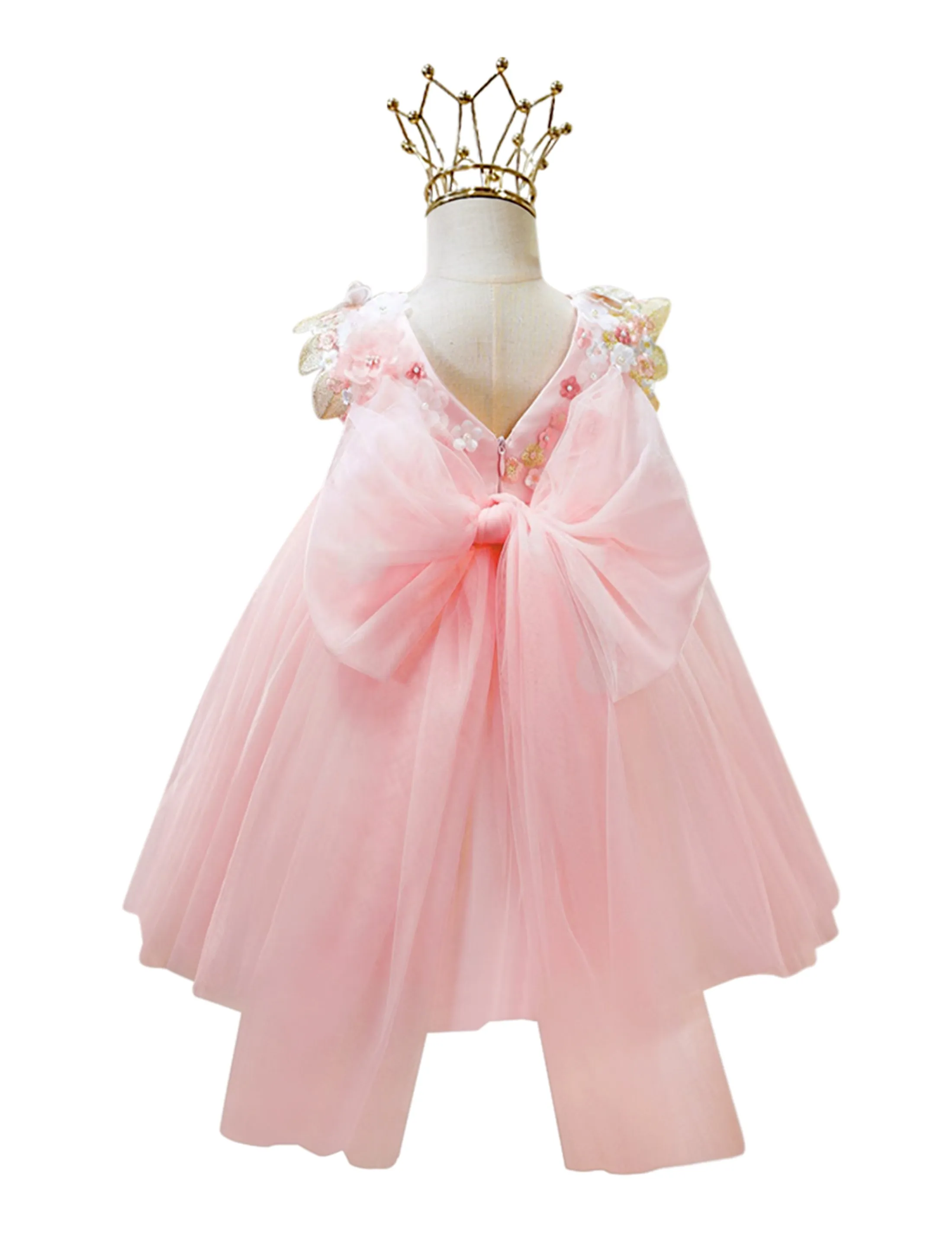 "Beatrice" 3D Flower Golden Lace Girls Birthday/Party Tulle Dress - Pink