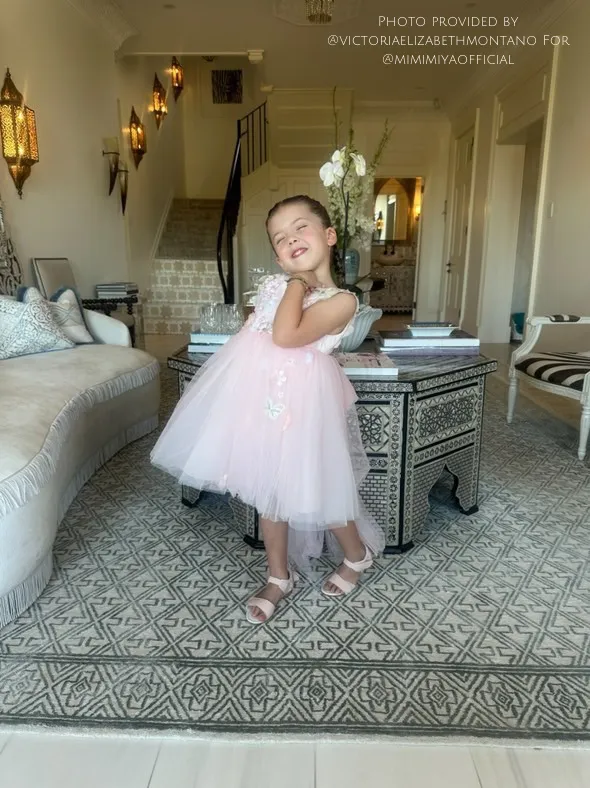 "Beatrice" 3D Flower Golden Lace Girls Birthday/Party Tulle Dress - Pink
