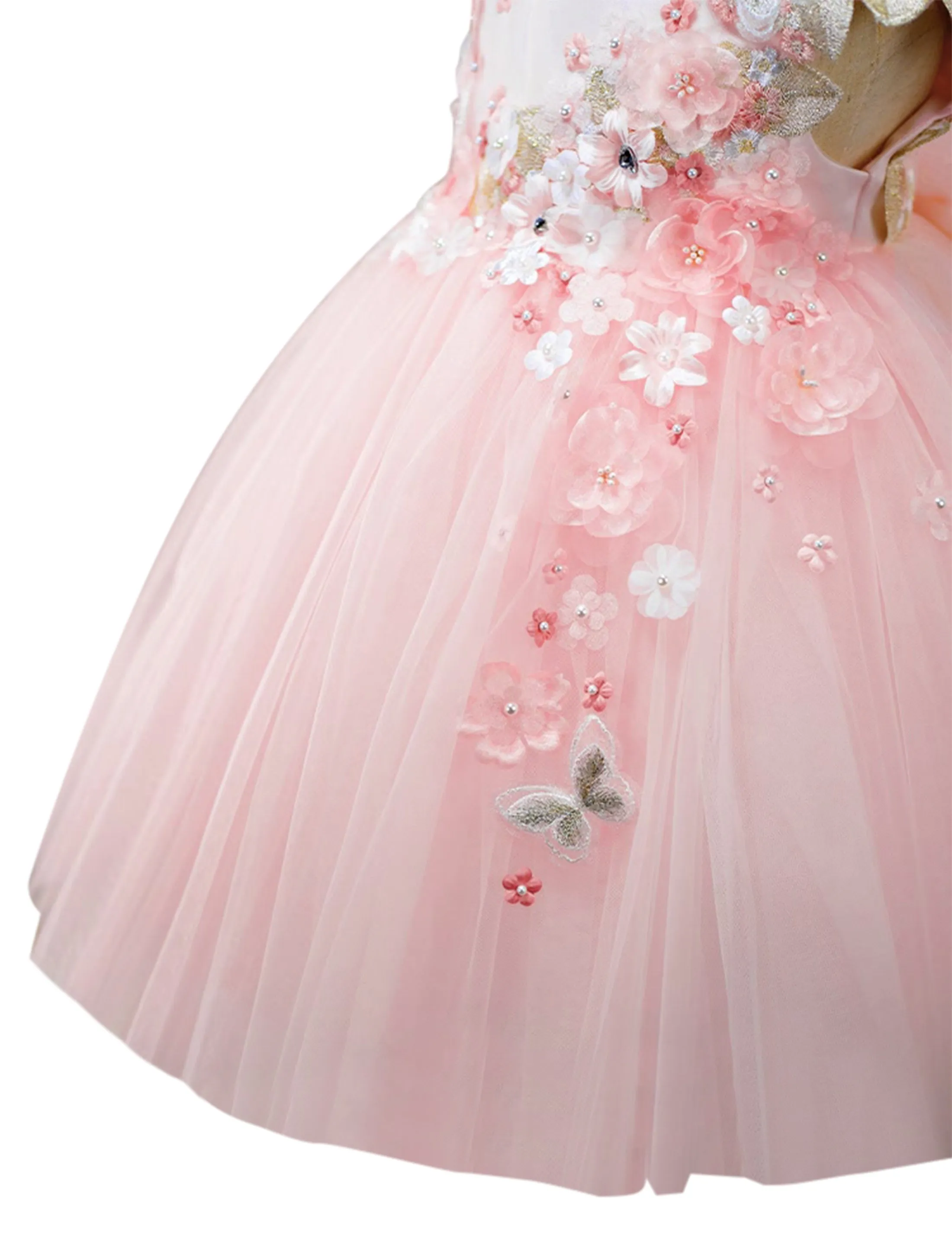 "Beatrice" 3D Flower Golden Lace Girls Birthday/Party Tulle Dress - Pink