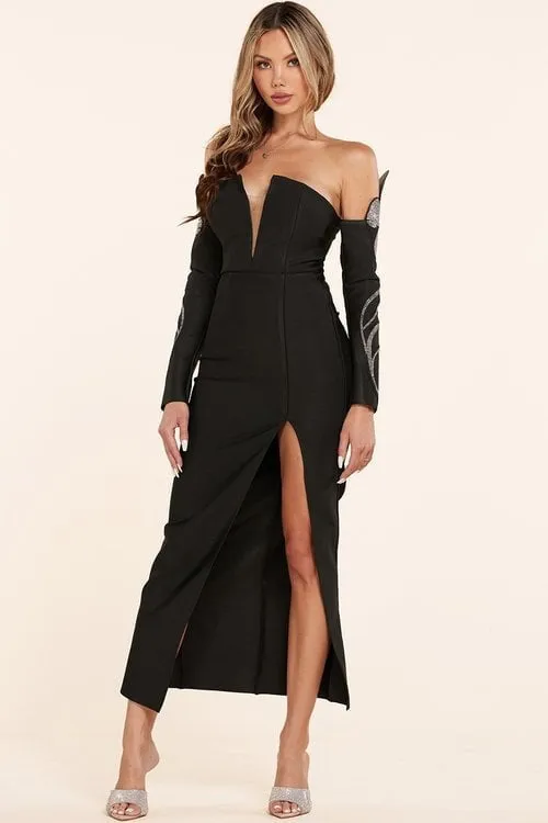 "BELLA" STRAPLESS LONG SLEEVE  BLACK DRESS