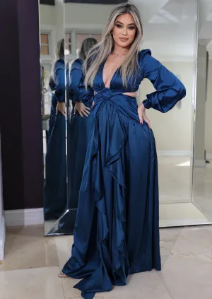 "MYKONOS" BLUE SAPPHIRE CUT OUT LONG SLEEVE SATIN MAXI DRESS