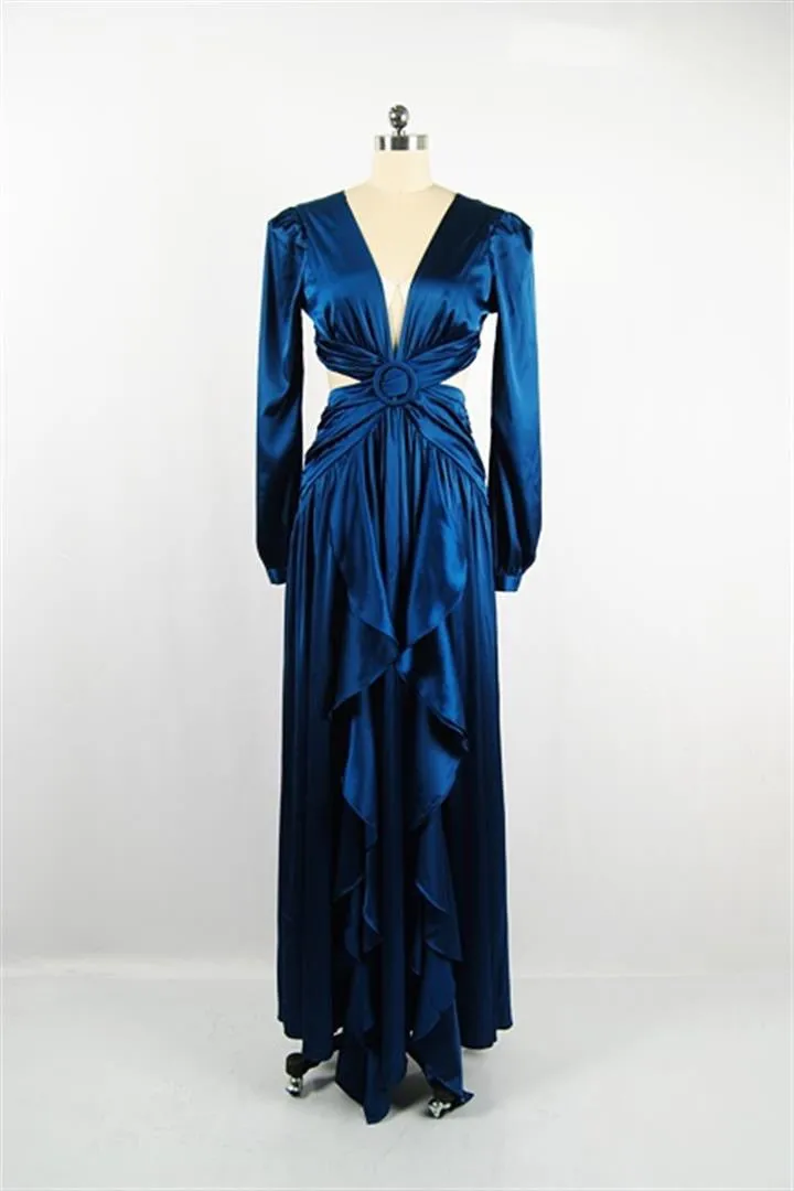 "MYKONOS" BLUE SAPPHIRE CUT OUT LONG SLEEVE SATIN MAXI DRESS