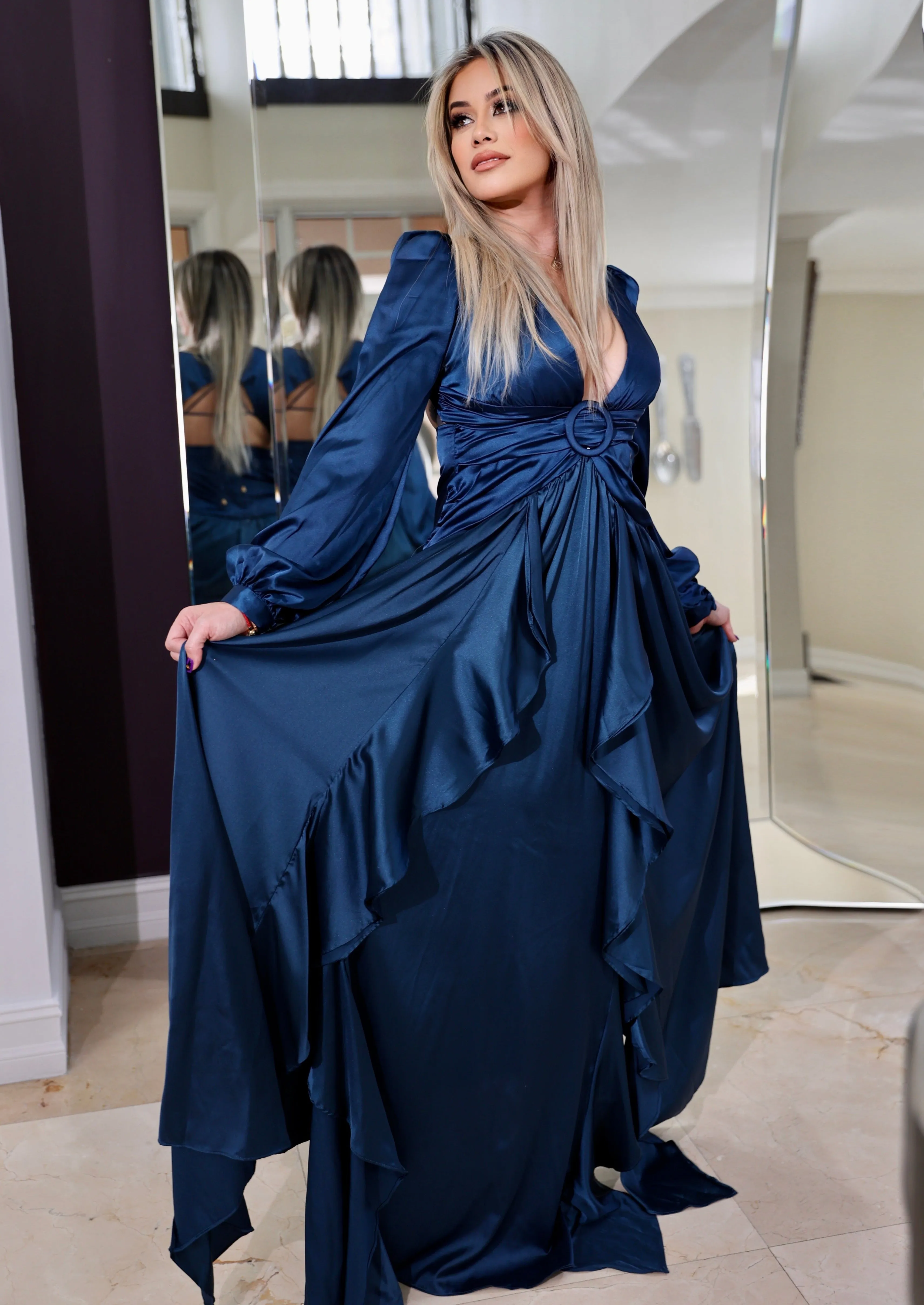 "MYKONOS" BLUE SAPPHIRE CUT OUT LONG SLEEVE SATIN MAXI DRESS