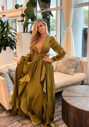 "MYKONOS" GREEN OLIVE CUT OUT LONG SLEEVE MAXI DRESS