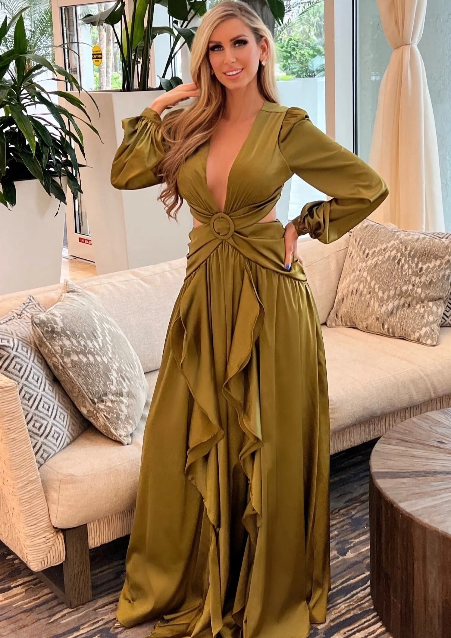"MYKONOS" GREEN OLIVE CUT OUT LONG SLEEVE MAXI DRESS