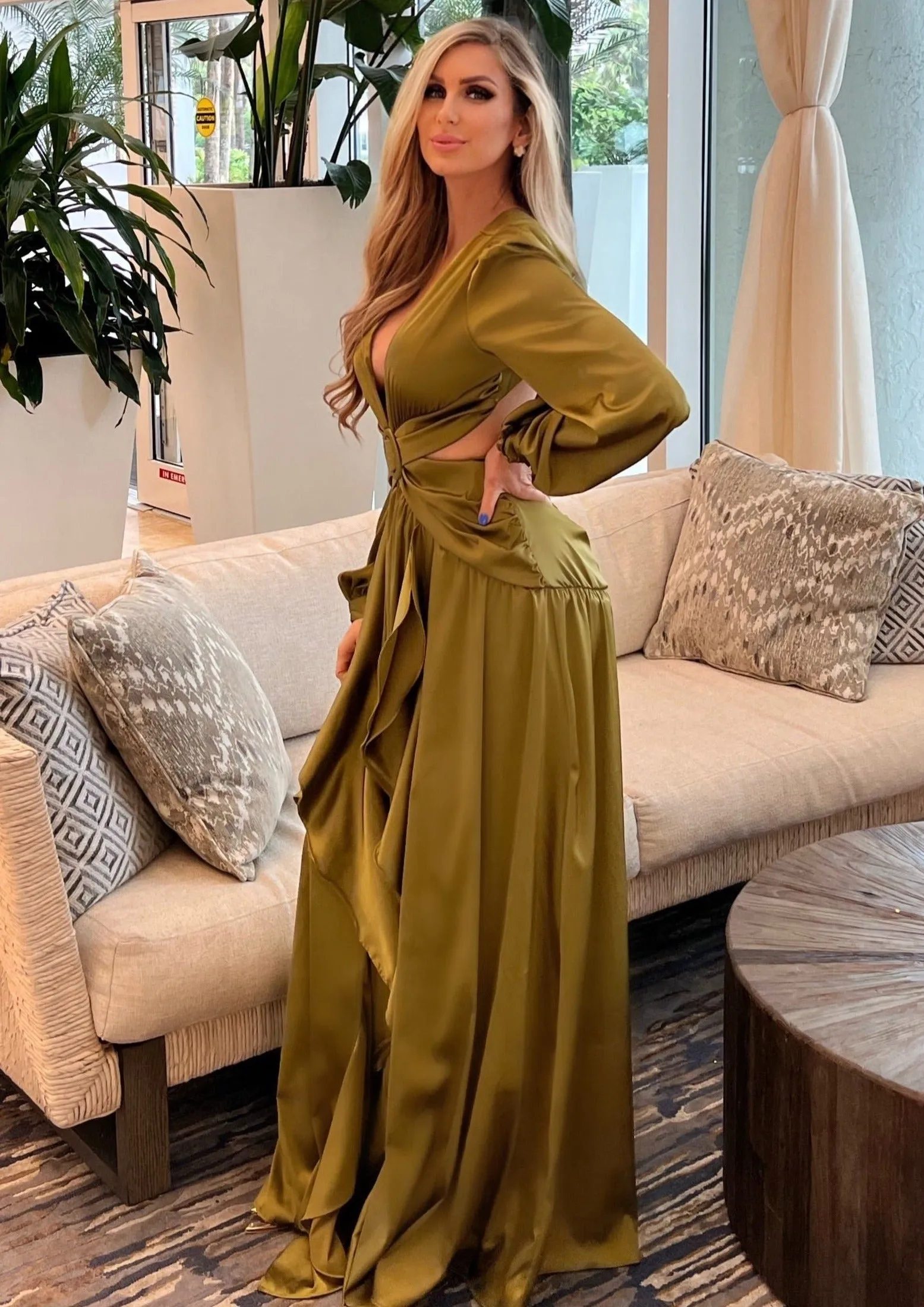 "MYKONOS" GREEN OLIVE CUT OUT LONG SLEEVE MAXI DRESS