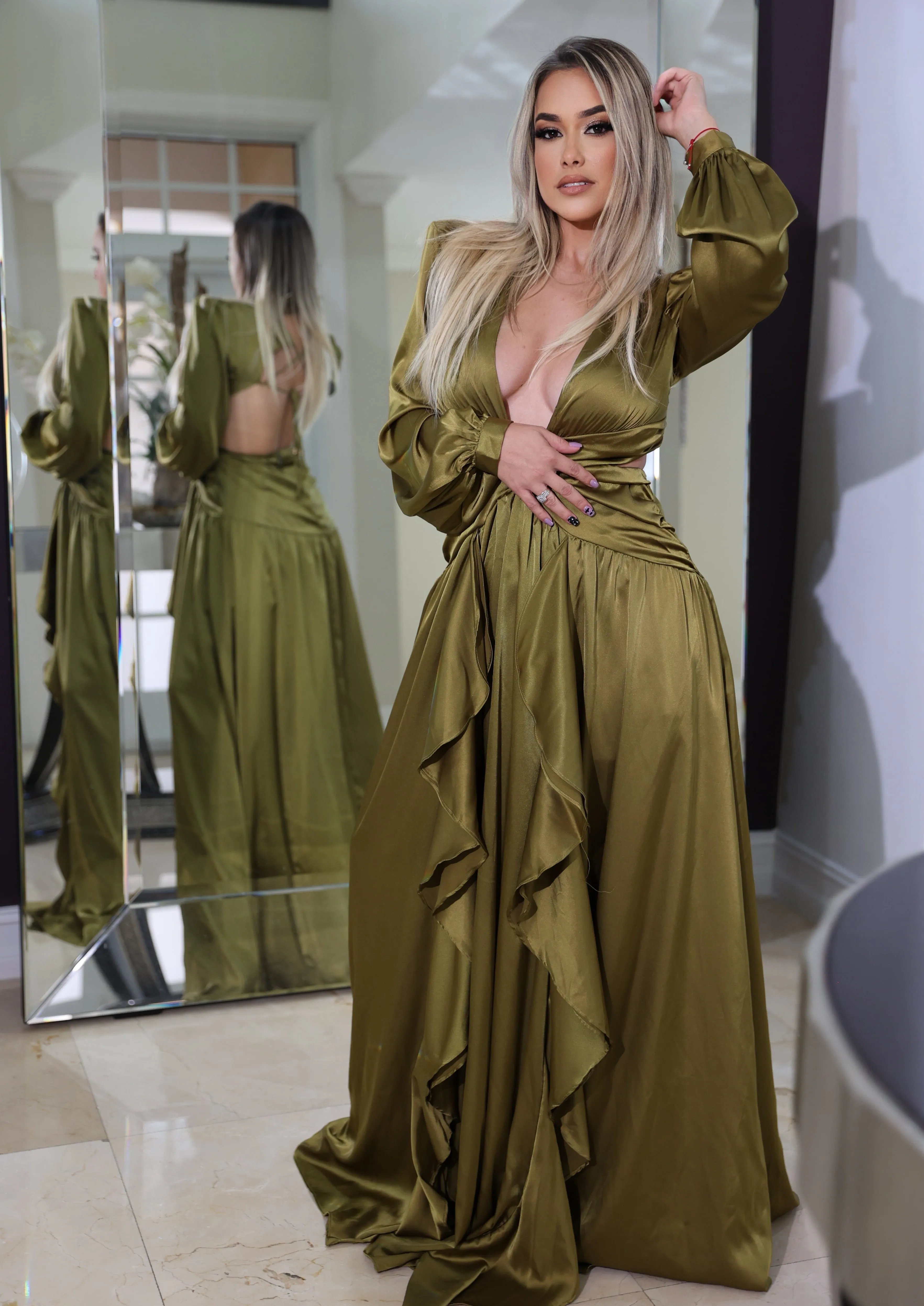 "MYKONOS" GREEN OLIVE CUT OUT LONG SLEEVE MAXI DRESS