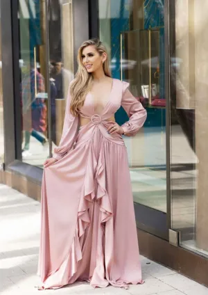 "MYKONOS" PINK ROSE CUT OUT LONG SLEEVE MAXI DRESS