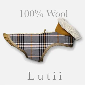 "Taupe/Gold Plaid"-Wool/blend w/real shearling handmade winter dog coat