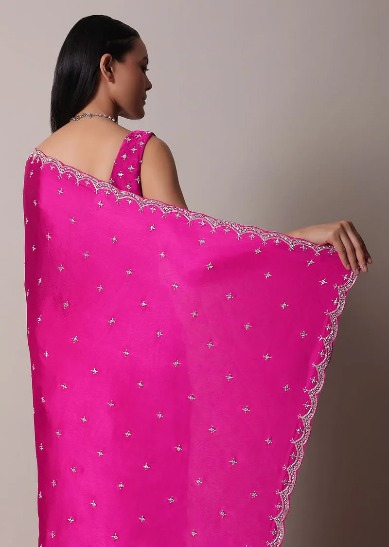 Rani Pink Satin Chinon Saree With Scallop Border