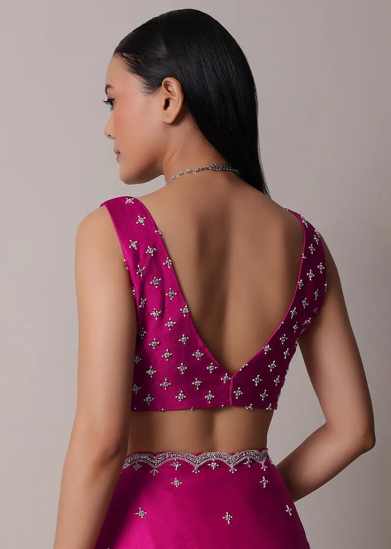 Rani Pink Satin Chinon Saree With Scallop Border