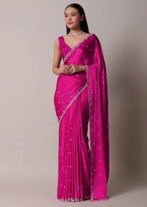 Rani Pink Satin Chinon Saree With Scallop Border