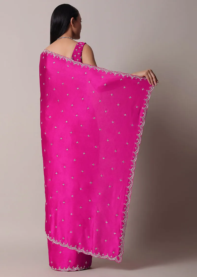 Rani Pink Satin Chinon Saree With Scallop Border