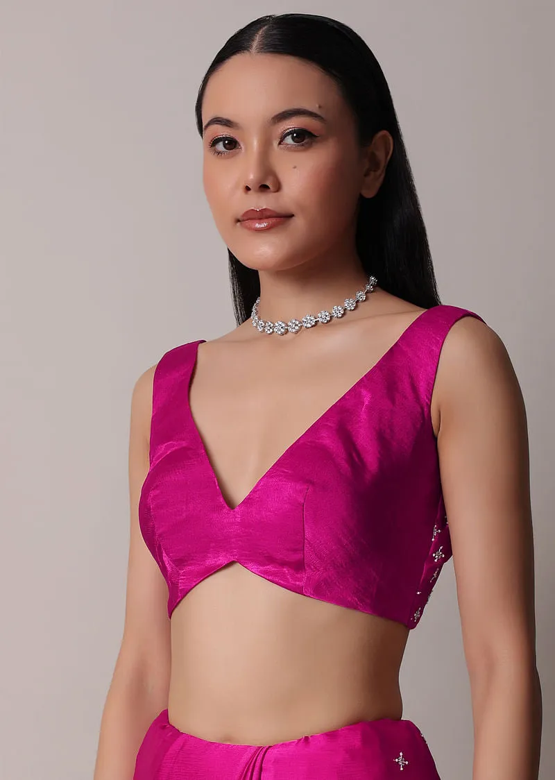 Rani Pink Satin Chinon Saree With Scallop Border