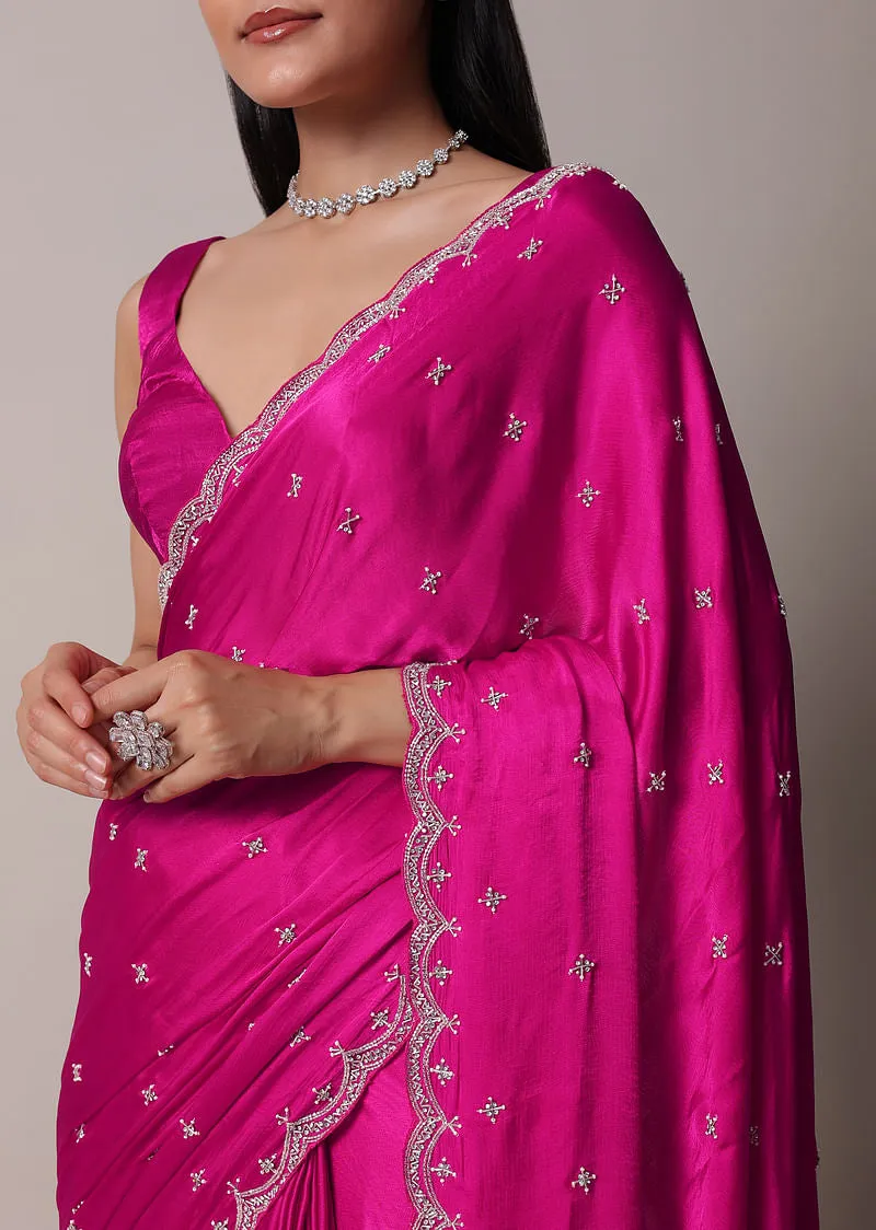 Rani Pink Satin Chinon Saree With Scallop Border