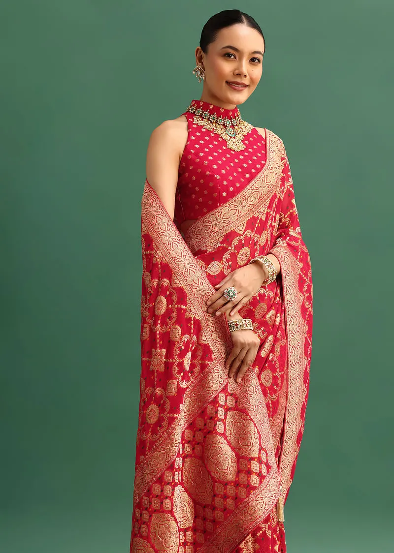 Red Georgette Saree With Zari Jaal Bandhani Weave