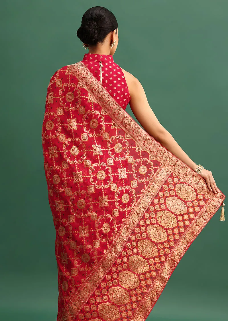 Red Georgette Saree With Zari Jaal Bandhani Weave