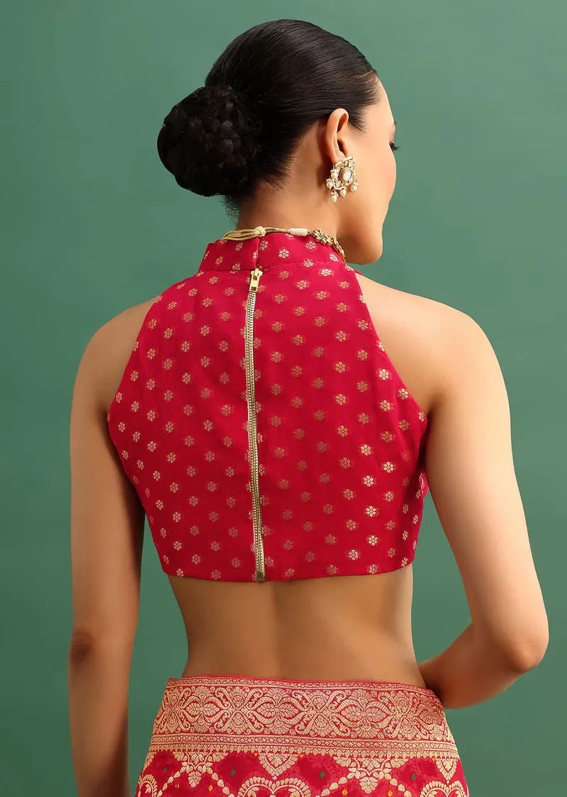 Red Georgette Saree With Zari Jaal Bandhani Weave