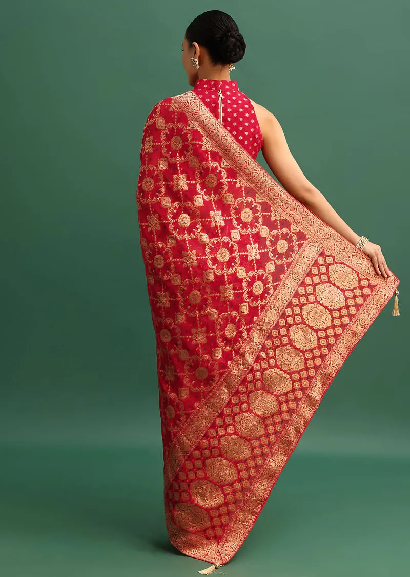 Red Georgette Saree With Zari Jaal Bandhani Weave